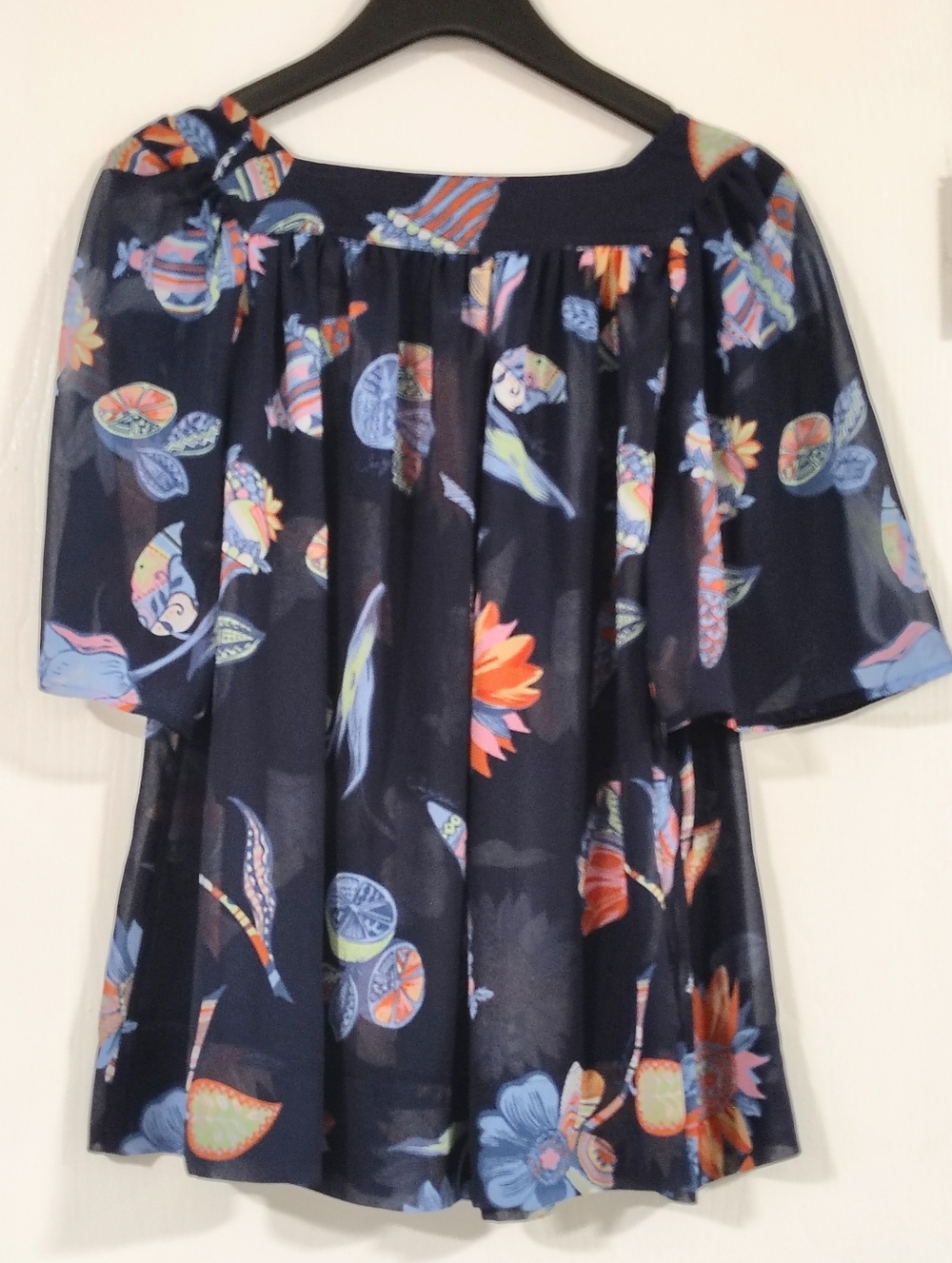 See By Chloé Navy Print Sheer Blouse Women's Large Flutter Sleeves Pleated - Picture 6 of 9